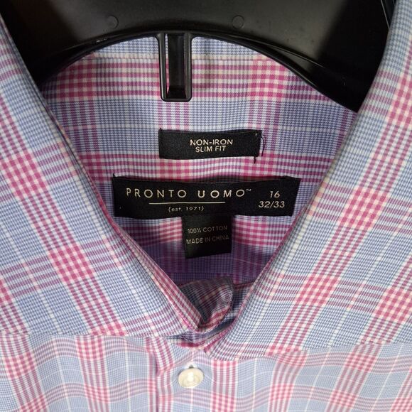 PRONTO Uomo Dress Shirt Mens 16 32 33 Slim Fit Non-Iron Plaid Cotton Blue Pink - Picture 4 of 6